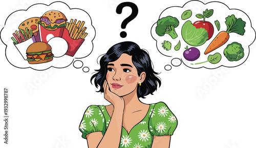 Thoughtful young woman choosing between healthy vegetables and fast food illustrated in clean modern vector style.