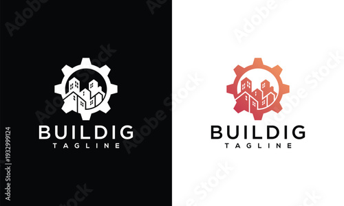 Building Gear Logo Icon Modern Cityscape for Construction  Real Estate Development.
