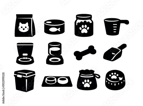 Solid vector icons of cat feeding: dry food bag, wet food can, treat jar, measuring cup, automatic feeder, water dispenser, snack