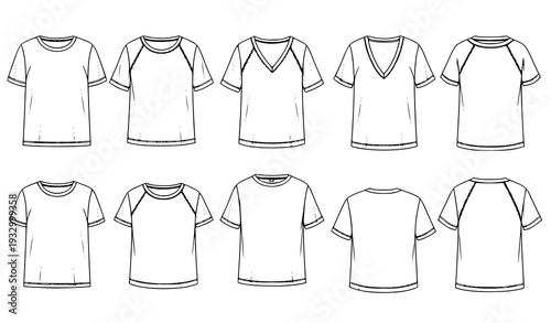 T Shirt Collection Flat Sketch Technical Fashion Vector Set