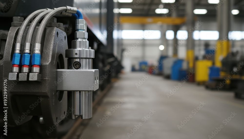 Obraz premium Detailed view of industrial machinery component with a blurred factory background