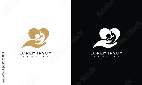Motherhood Baby Care Logo Design - Heart Hand Newborn Protection Symbol.