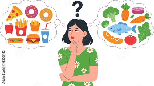 Thoughtful young woman choosing between healthy vegetables and fast food illustrated in clean modern vector style.