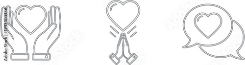 Three icons representing different ways of expressing love and affection through gestures and symbols