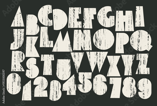 A simple, bold font featuring geometric shapes with a grunge texture, ink drips, and blurred spots. Distressed Latin letters and numbers. Urban, graffiti or street style.  No AI is used.