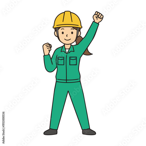 Full body illustration of a smiling female construction worker in a blue uniform and yellow helmet making a fist pump.