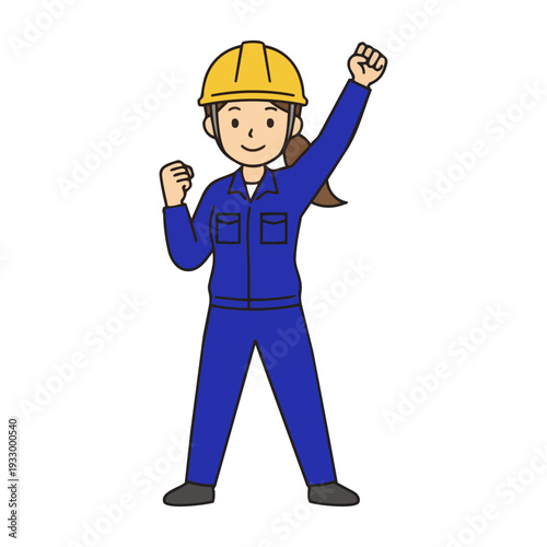 Full body illustration of a smiling female construction worker in a blue uniform and yellow helmet making a fist pump.