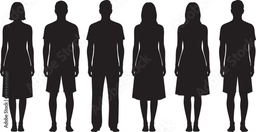 Black human silhouettes of male and female figures standing side by side, simple vector illustration for diversity, fashion design, ergonomics, and educational visual projects
