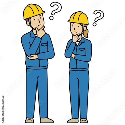 青や緑の作業着を着た男女が、頭にクエスチョンマークを浮かべてふんわりと解決策を考えている様子を描いた素材です。現場の課題解決や新しい挑戦に向けたビジネス向け資料、広告などに最適で、未来への希望を感じさせます。