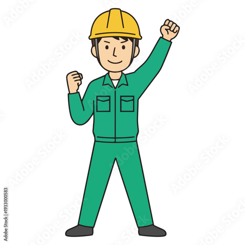 青い作業服とヘルメット姿の男がガッツポーズで立つイラスト。なめらかな線とにこやかな表情が、希望や成長、チームワークの力を感じさせ、働く現場の前向きな雰囲気を伝えます。