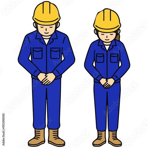 青や緑の作業着を着た男女が、手を前で組みしなやかにお辞儀をしている姿を描いた素材です。建設現場や工場の案内、謝罪、感謝を伝える場面での利用に最適です。誠実な態度が顧客との信頼や調和を生み出します。