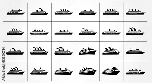 Collection of various cruise ships and vessels in silhouette form for design.