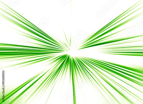 Abstract radial zoom blur with vivid green lines bursting from a central point on a white background, creating an energetic dynamic motion effect.
