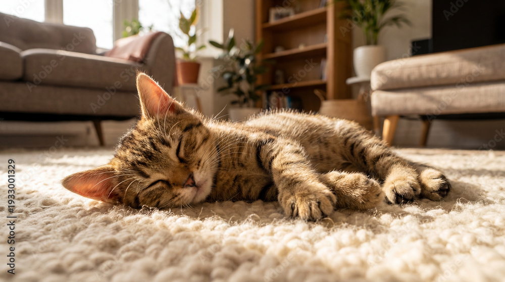 Obraz premium Tabby cat sleeping peacefully on soft carpet in living room