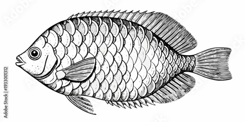 Detailed monochrome illustration of a fish with textured scales and fins