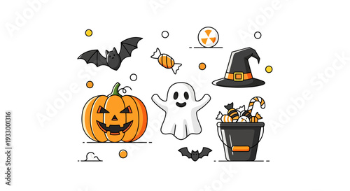 Happy Halloween Holiday Celebration Icons Set Including Carved Pumpkin Ghost Bat Witch Hat Candy Bucket Assortment Isolated On White Background