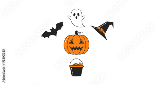 Halloween Celebration Elements Including Pumpkin Ghost Bat Witch Hat And Candy Bucket Arrangements Against White Background