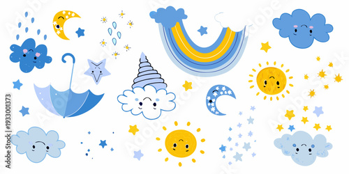 Whimsical weather icons sun clouds rainbow stars and a cute umbrella