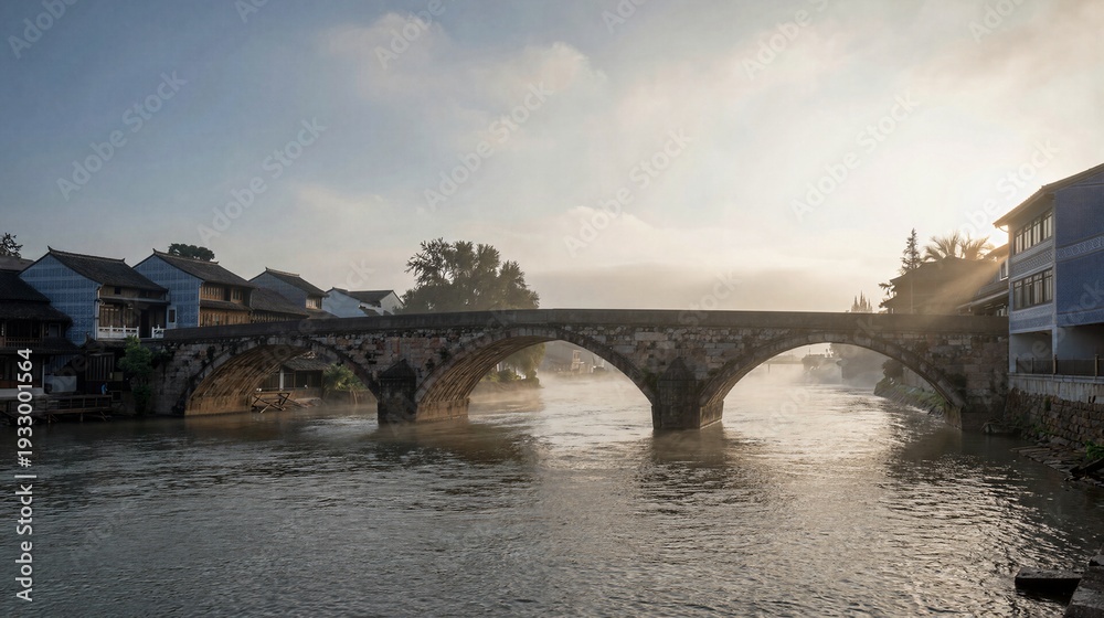 Fototapeta premium Charming Old Bridge at Sunset, Stone Architecture Overlooking River featuring river, bridge, stones, skyline.