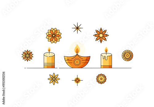 Diwali festival celebration symbols of diyas and floral ornaments in warm golden tones set against a white background for festive design