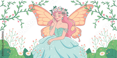 Whimsical fairy illustration with orange butterfly wings mint green polka dot dress and floral vine border