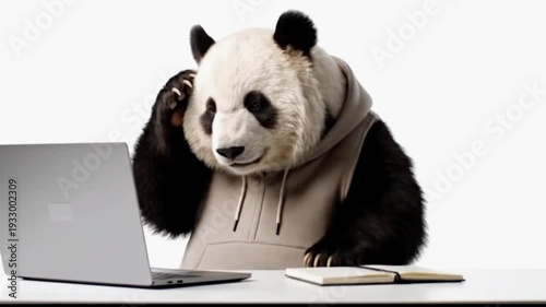 Confused Panda in Hoodie Working on Laptop and Notebook
