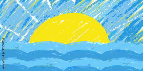 Abstract painting of a yellow sun over blue waves and sky