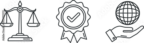 Symbols representing justice, achievement, and global cooperation