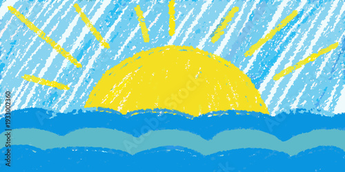 A childlike drawing of a bright yellow sun rising over blue waves