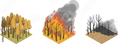 Isometric forest wildfire progression with autumn trees, intense blaze flames and burned barren land environmental disaster illustration