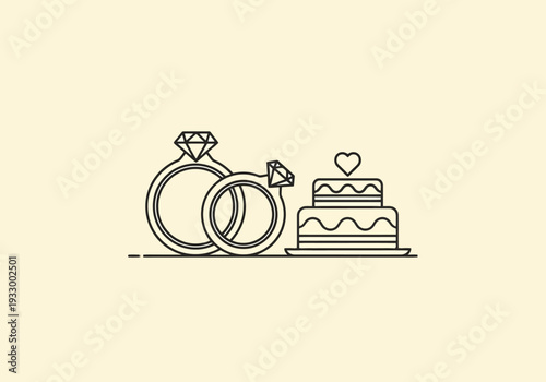 Diamond Engagement Wedding Rings Displayed Beside Decorative Celebration Cake With Heart Symbol Symbolizing Love Ceremony Union