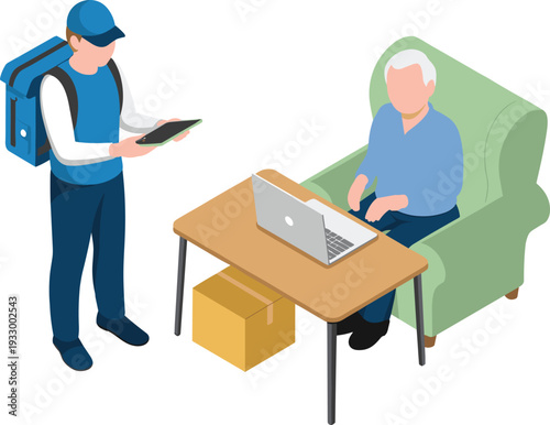 Isometric home delivery concept, courier with insulated backpack confirming digital order while senior customer using laptop at home