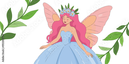 Whimsical fairy illustration with orange butterfly wings mint green polka dot dress and floral vine border