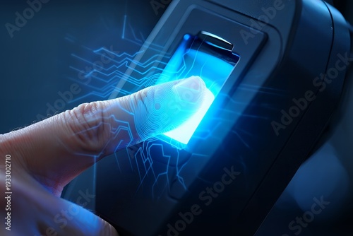 A person's finger is scanned by a biometric fingerprint reader with glowing blue light for secure authentication