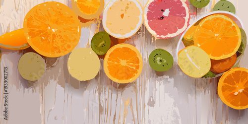 Assorted citrus fruit slices arranged on a weathered wooden surface