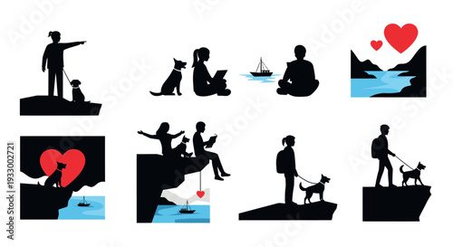 Collection of black silhouettes depicting people pets and scenic views silhouette