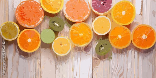 Sliced citrus fruits arranged over a textured light wood background