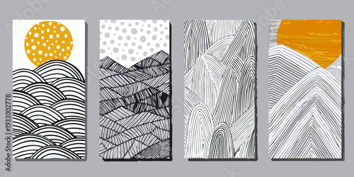 Abstract geometric art featuring waves circles and mountainous shapes