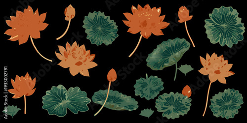 Stylized lotus flowers and leaves in shades of orange and green