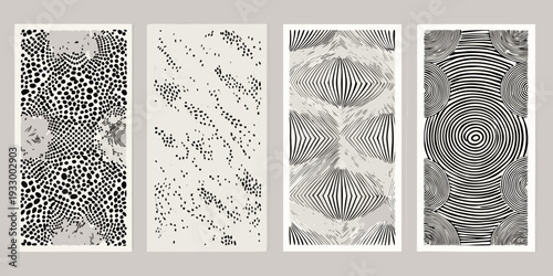 Four abstract black and white patterned panels displayed in a row