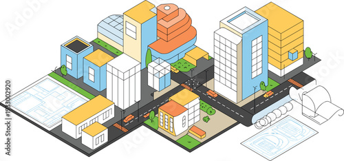 Isometric modern cityscape with colorful buildings, urban streets and architectural plans, smart city development vector illustration