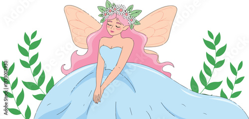 Whimsical fairy illustration with orange butterfly wings mint green polka dot dress and floral vine border