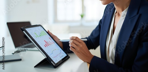 A woman in a blue business suit analyzes data on a tablet with a colorful graph on the screen in a bright office setting