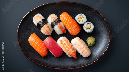 A plate of assorted sushi and maki rolls on a black plate
