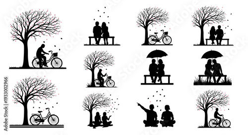 Couples enjoying moments under trees and umbrellas a romantic silhouette