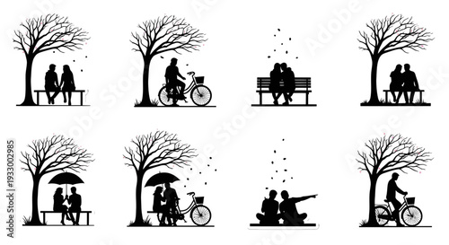 Romantic park scenes with couples and bicycles a black silhouette