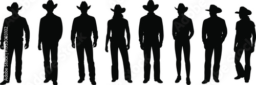 Cowboy and Cowgirl Silhouette Set Vector Illustration, Western Ranch People Standing Collection Isolated on White Background Country Lifestyle Design