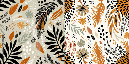 Abstract botanical pattern with tropical leaves and floral elements