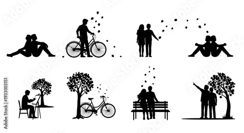 Couple enjoying romantic moments with nature and a bicycle silhouette