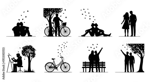 Romantic couples with trees and bicycles in black silhouettes